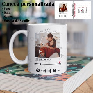 Caneca personalizada dia dos namorados com data, nome, foto e musica