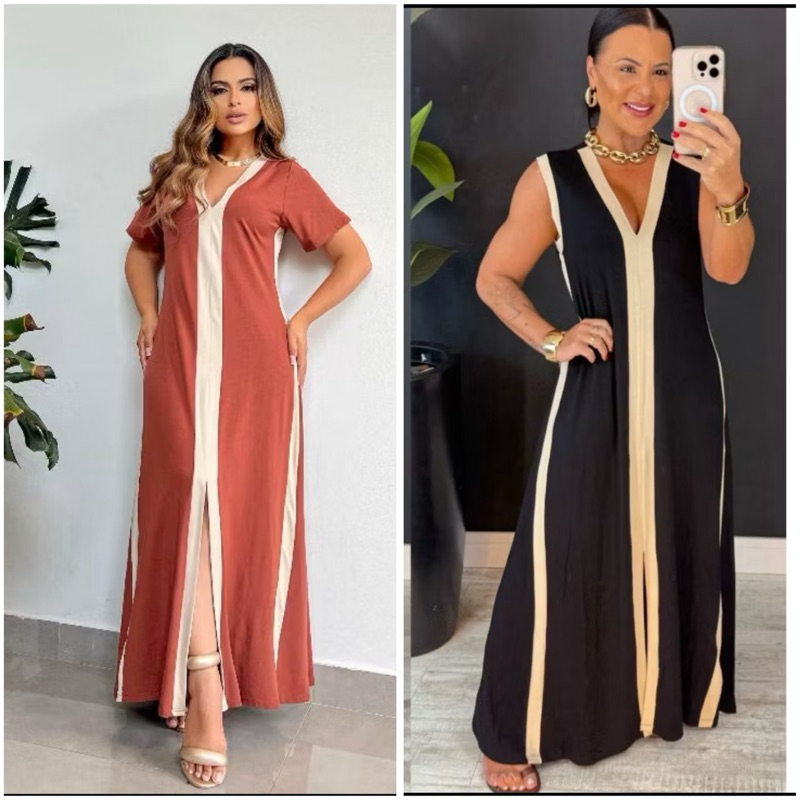 Vestido feminino Longo com Faixa Branca disponível com manga ou regata.M ao G1 em Oferta na Shopee