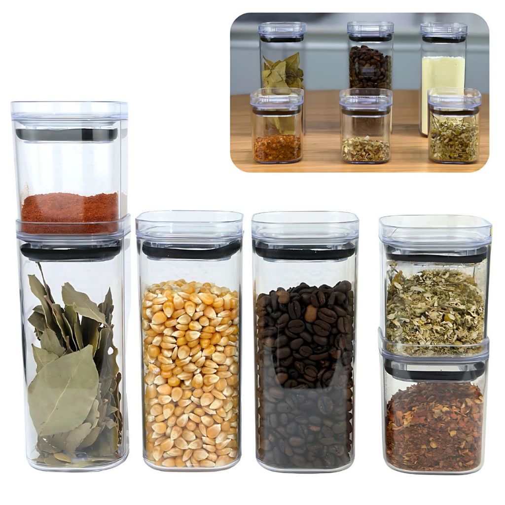 Potes Porta Condimentos Hermético 150ml 350ml Acrílico Transparente Organizador Empilhável 6 Pçs UZ