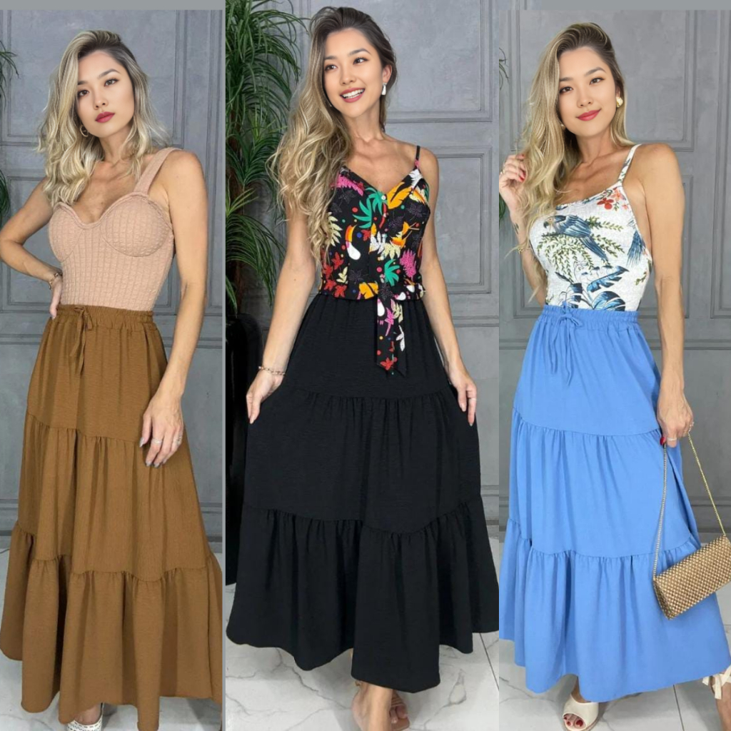Saia Longa Feminina Três 3 Marias Duna Tendencia Moda Evangelica em Oferta na Shopee