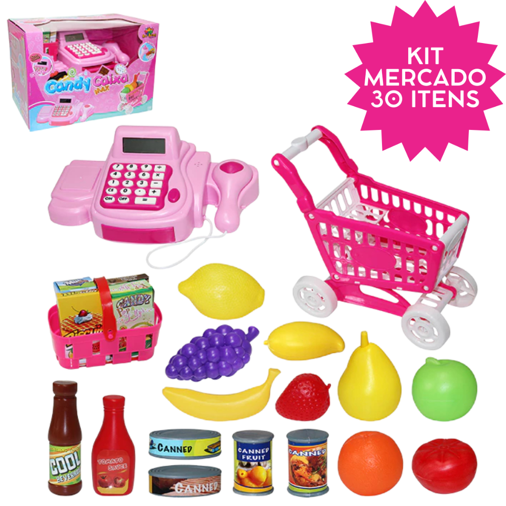 Caixa Registradora com Carrinho com Luz e Som Brinquedo Mini Mercado Infantil com 30 peças luxo