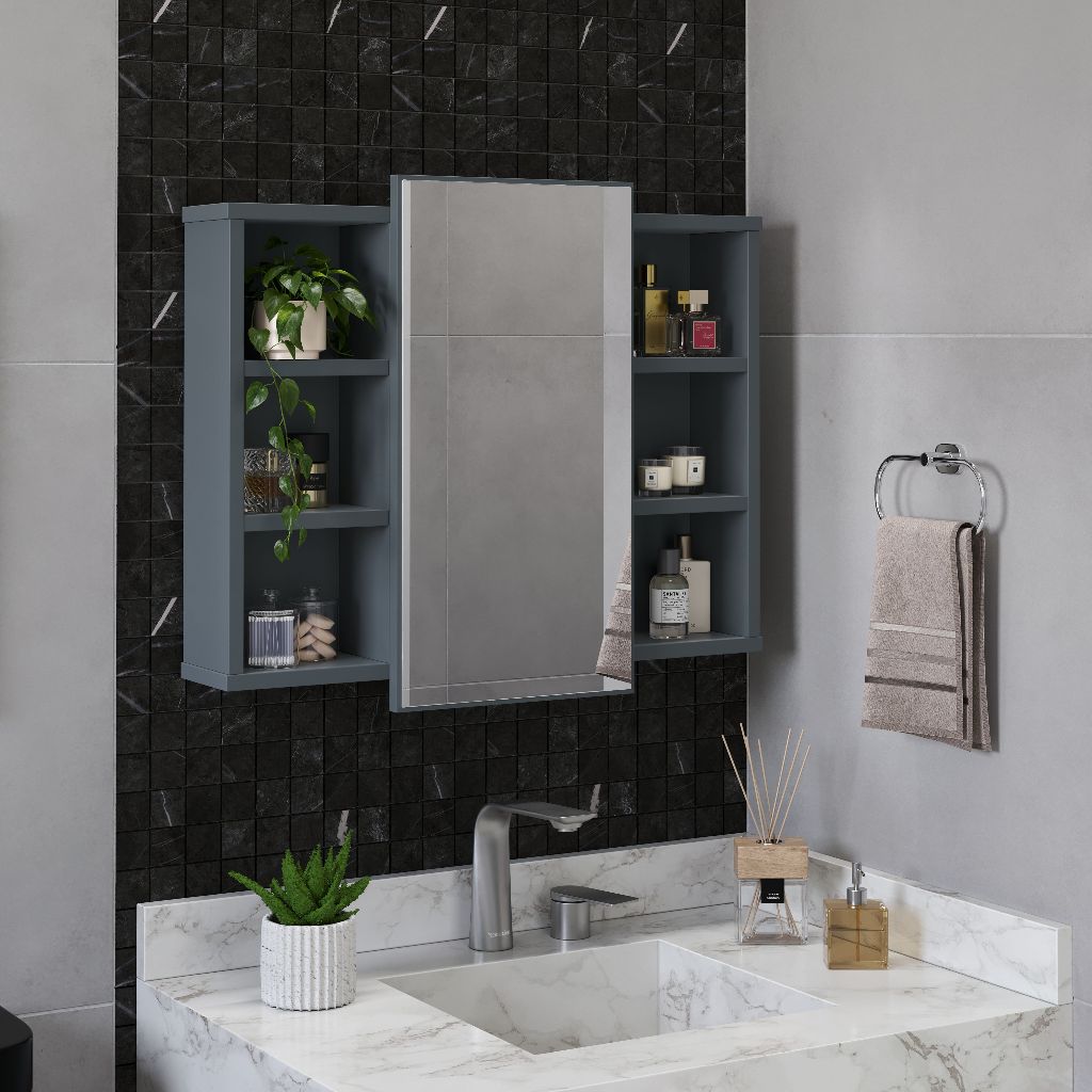 Espelheira Para Banheiro Com Nichos Armário Aéreo Com Espelho Organizador Madri em Oferta na Shopee