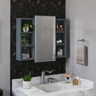 Espelheira Para Banheiro Com Nichos Armário Aéreo Com Espelho Organizador Madri em Oferta na Shopee