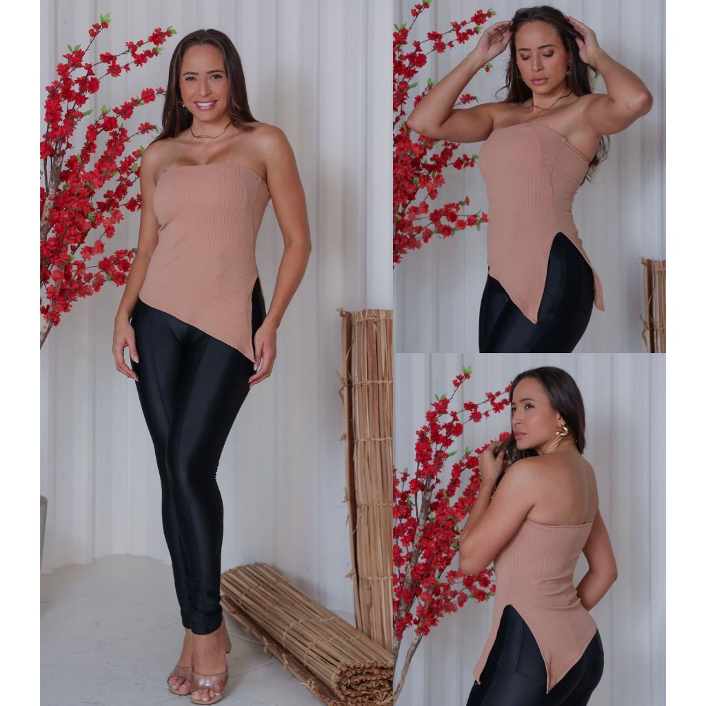 BLUSA BATA ASSIMÉTRICA TOMARA QUE CAIA DE RIBANA COM BOJO CANELADA PREMIUM MODA TENDÊNCIA MODA ROUPA FEMININA