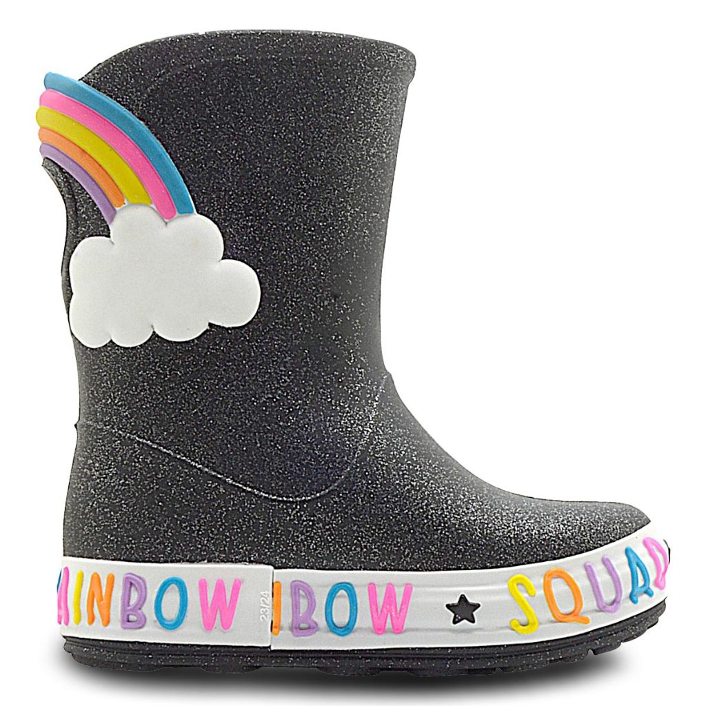 Galocha Bota Infantil Menina Plugt Arco-Íris Preta Com Glitter de Chuva Impermeável