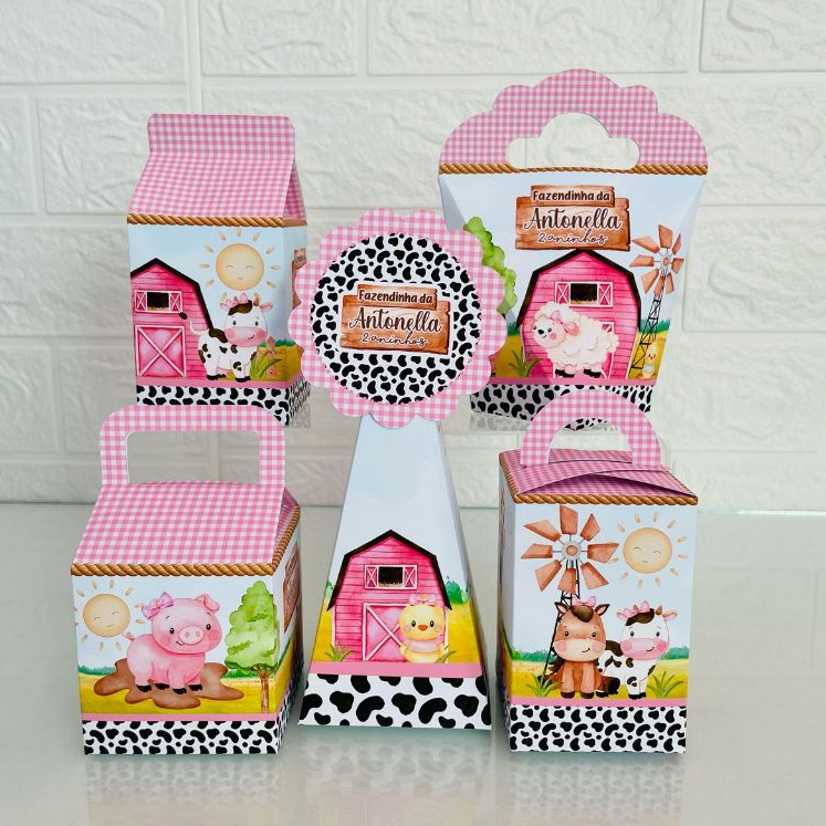 Caixas Personalizadas Fazendinha rosa, caixinha fazendinha rosa, lembrancinha fazendinha rosa (PEGUE E MONTE)