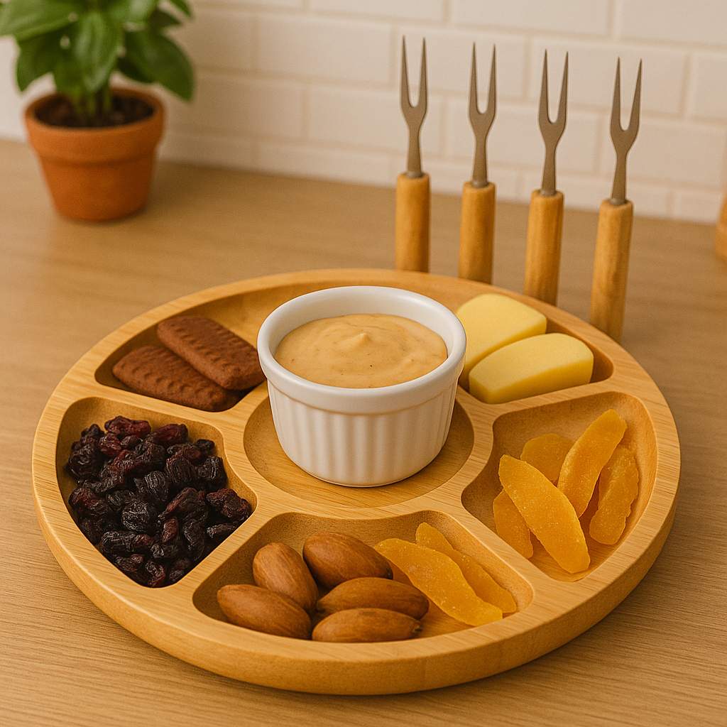 Petisqueira Redonda para Frios e Queijos com Molheira Ramekin e Garfinhos Inox Cabo Madeira