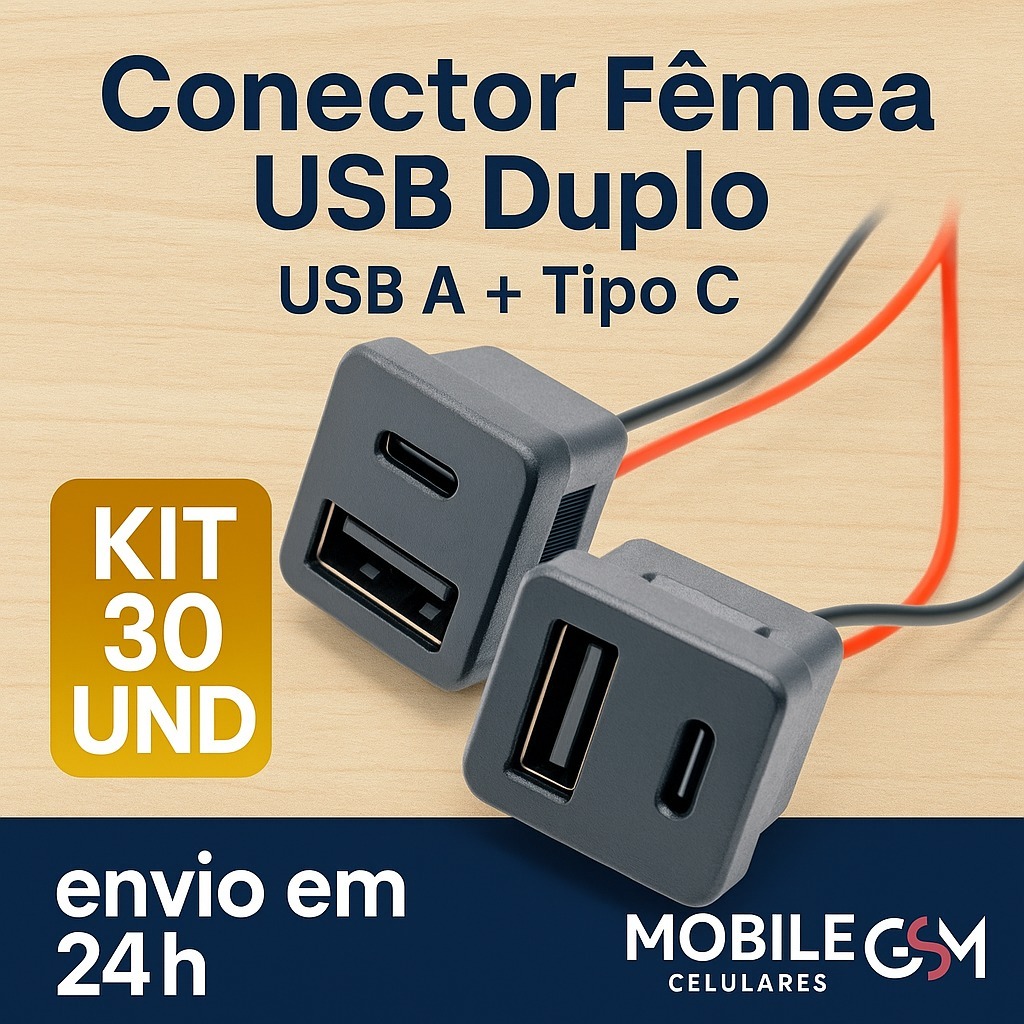 Conector Femea USB Duplo USB A + Tipo C - 5V - Sem Alimentação, Dois fios 30 UND