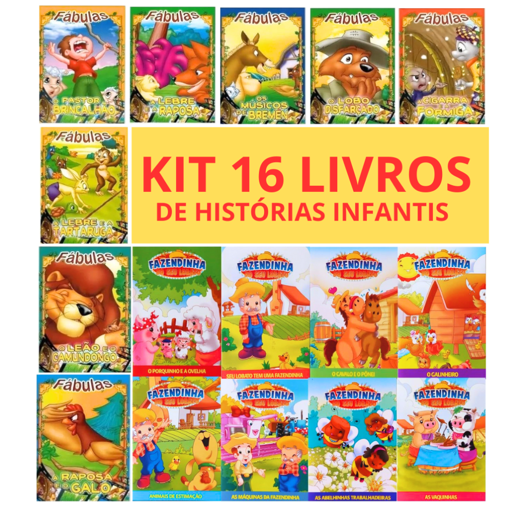 Kit 16 livros de Histórias Infantis - Fábulas - Fazendinha do Seu Lobato em Oferta na Shopee