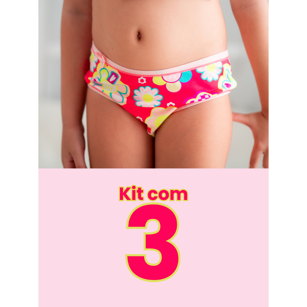 Kit de Três Calcinha Feminina Tanga Infantil Estampas Sortidas Poliéster