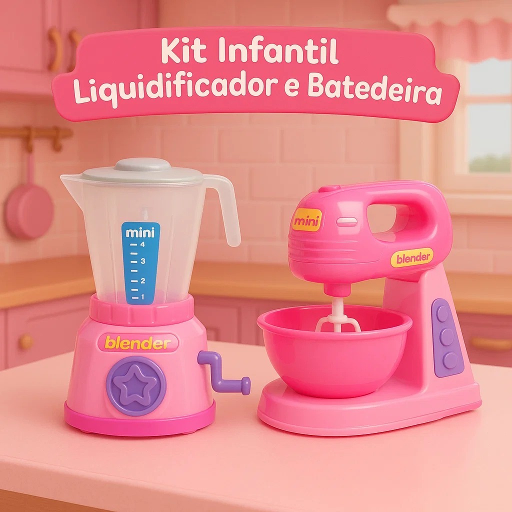 Kit Mini Batedeira + Liquidificador Infantil Menina Com Luz Som Cozinha