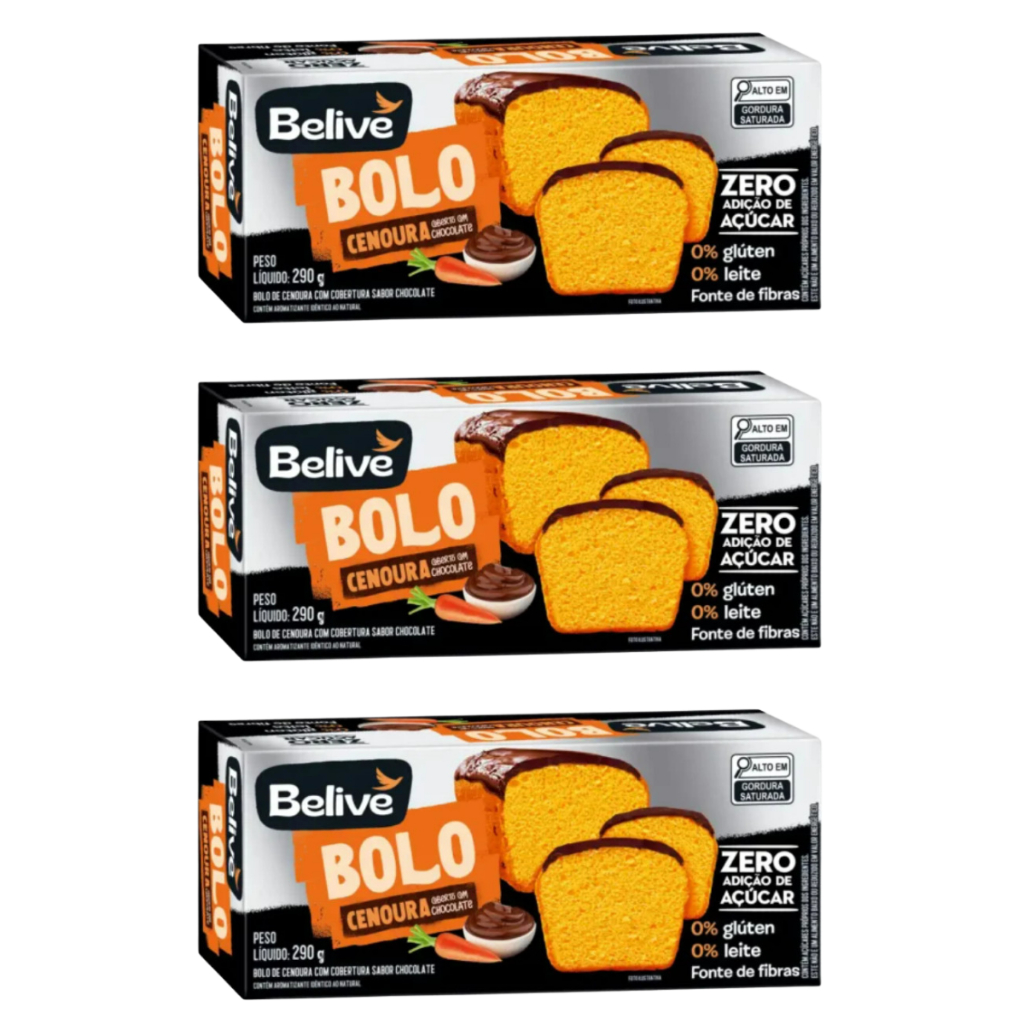 Bolo de Cenoura Coberto com Chocolate Zero Belive 290g – Sem Açúcar, Sem Glúten e Sem Leite Kit 3 Un
