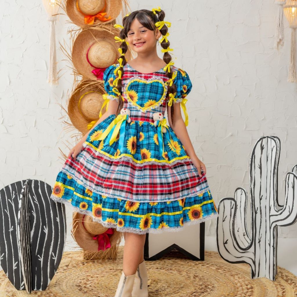 Vestido Festa Junina Luxo Xodó Xadrez Azul Turquesa com Ursinhos