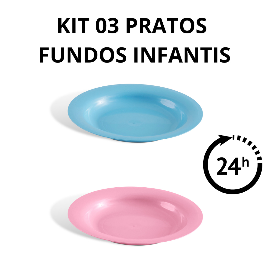 Kit com 03 Pratos Fundos Infantis Cores Azul ou Rosa