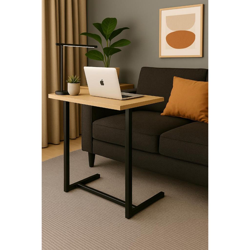 Mesa apoio e suporte lateral notebook cama sofa em aço tampo madeira Preta e Mel · foto 2