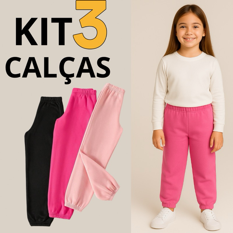 Kit 3 Calças De Moletom Grosso Infantil Juvenil Peluciado Menino Menina 2 a 12 Anos