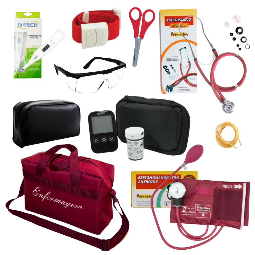 Kit de Enfermagem Completo com Glicosímetro Esteto Esfigmo Premium