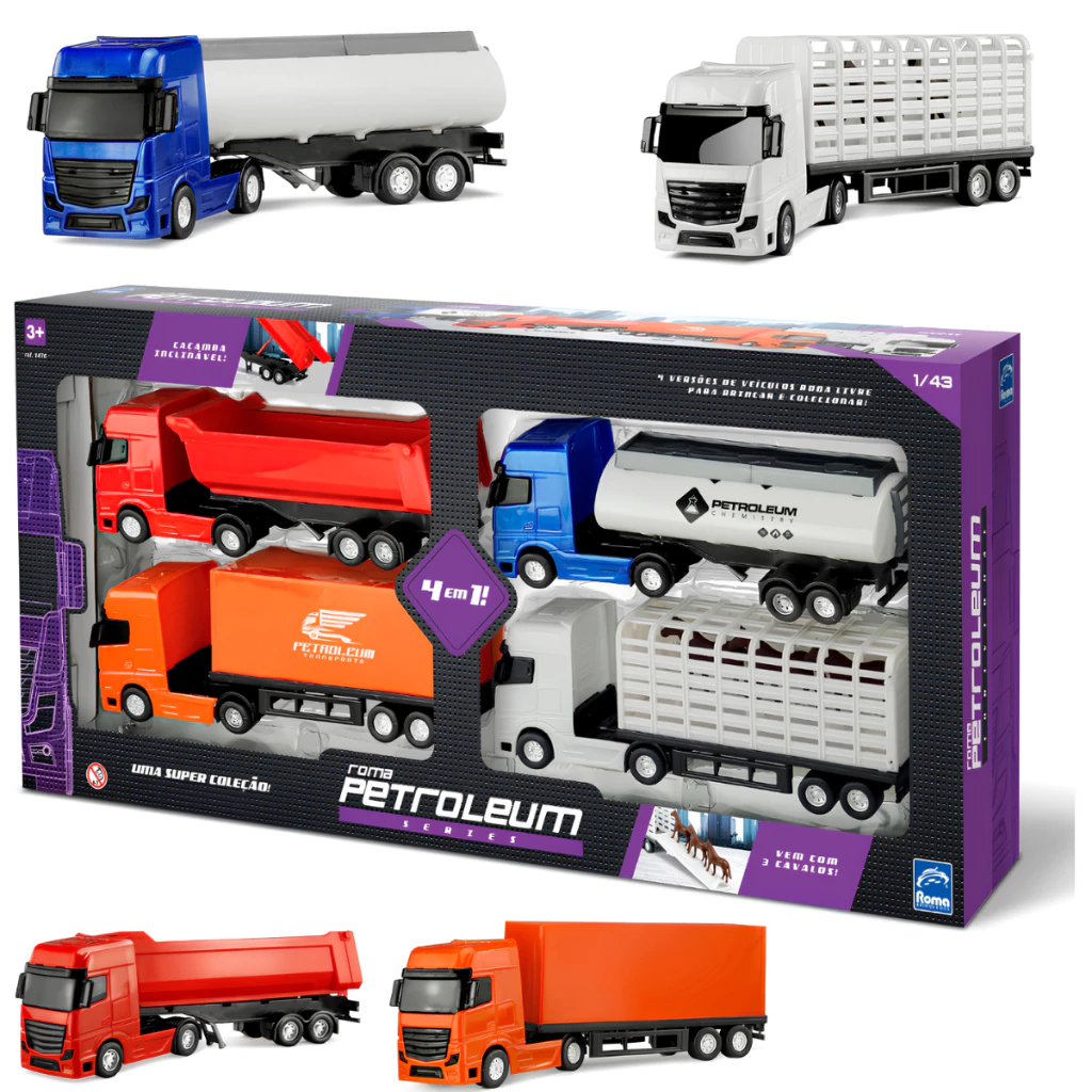 Kit 4 Em 1 Caminhão Baú Tanque Caçamba Haras Roma Brinquedos De Menino - Veículos Em Miniatura em Oferta na Shopee