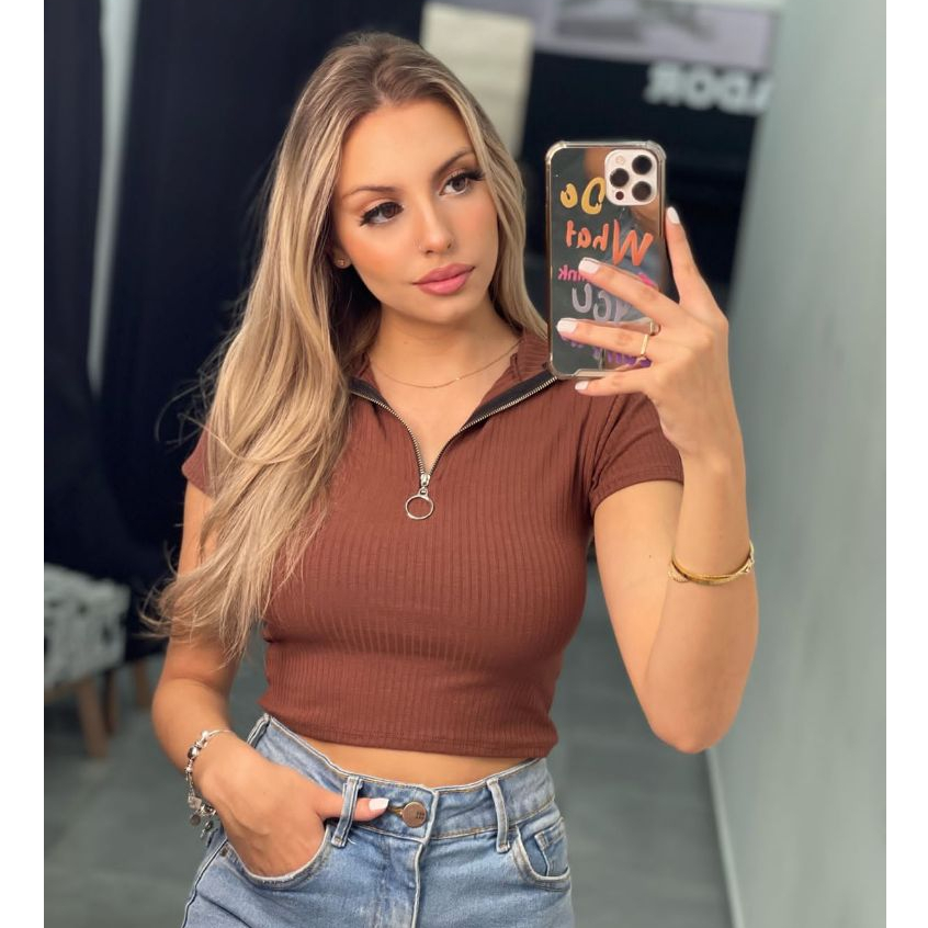 Cropped Feminino Canelado Com Zíper Manga Curta Tecido Premium