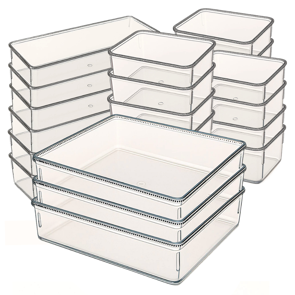 Kit 21 Organizador Modular Multiuso Acrílico Cristal Cesto Gaveta Maquiagem Geladeira