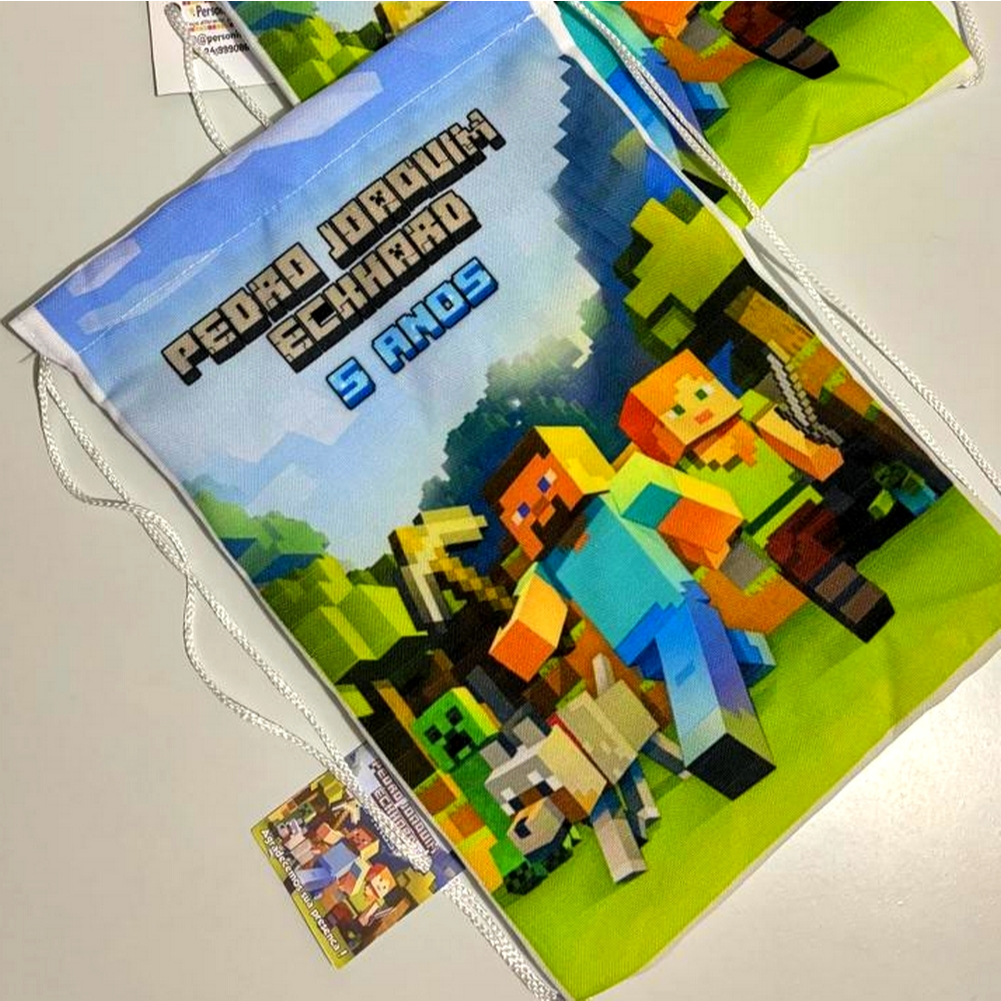 Mochila saquinho sacolinha personalizada festa Minecraft  brinde festa infantil Lembrancinha