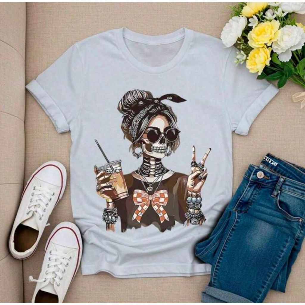 Camiseta Feminina Estampada Estilosa 100% Algodão em Oferta na Shopee