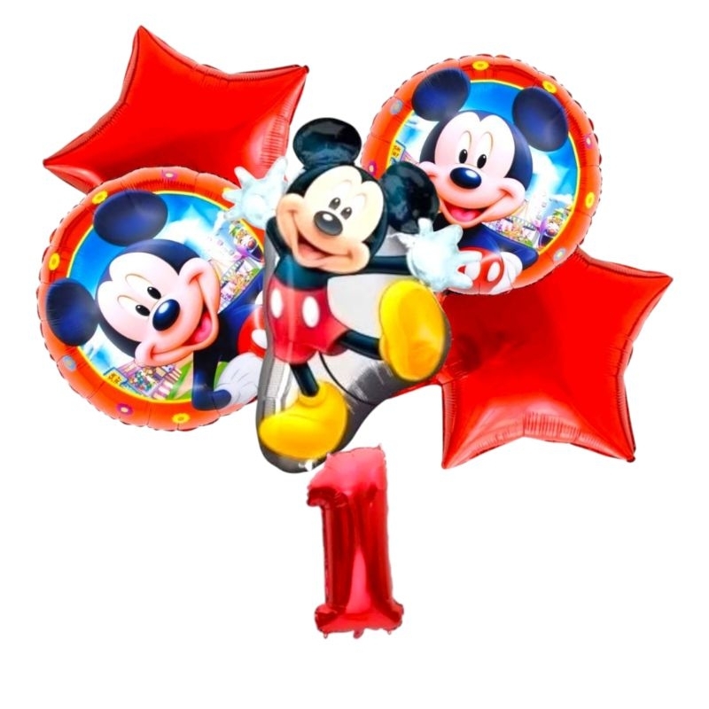 Kit c/5/6 balões Mickey corpo mede 55 cm/redondo/estrela mede 45 cm/número mede 40 cm em Oferta na Shopee