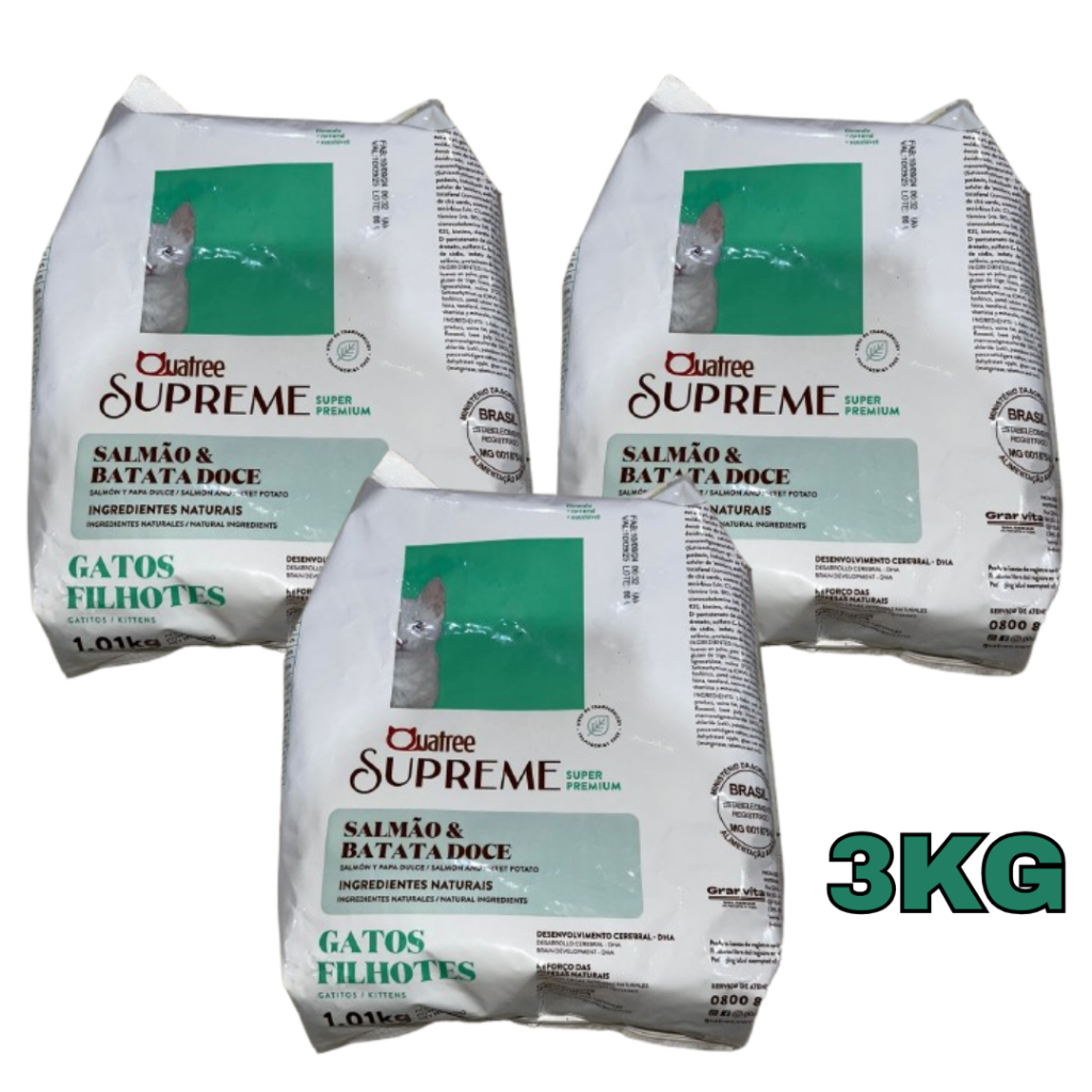 Kit 3 Ração Quatree Supreme Para Gatos Filhotes Salmão e Batata Doce 1kg - Ração quatree