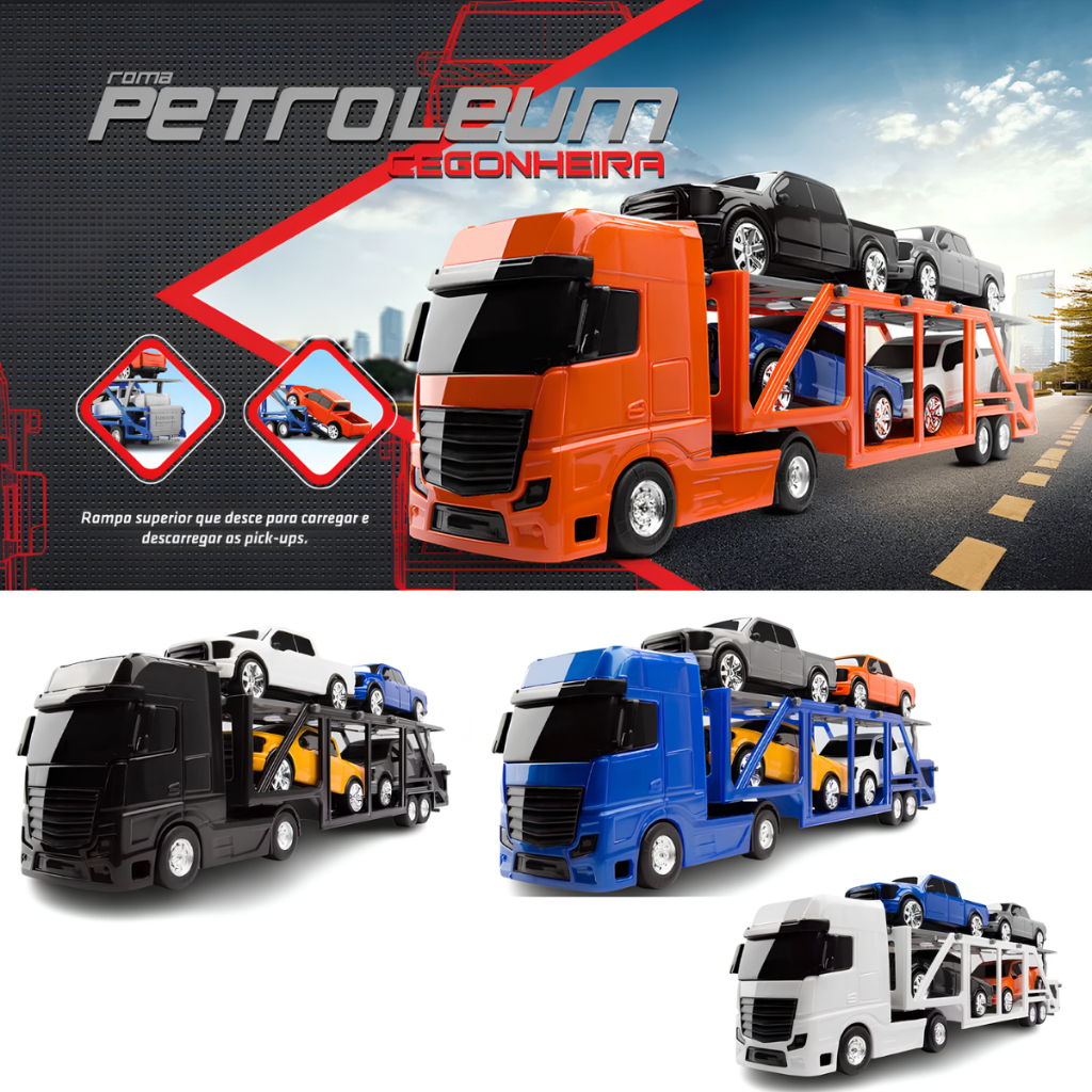 Caminhão Cegonheira Petroleum 32 cm C/4 Carrinhos - Miniatura Infantil Roma Brinquedos De Menino em Oferta na Shopee