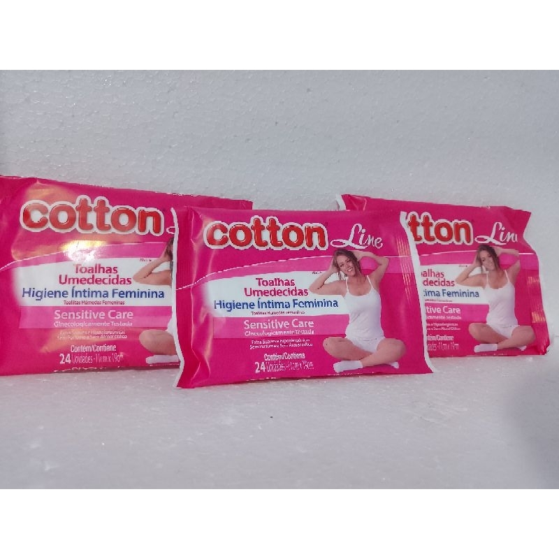 kit com 3 toalhas umedecidas higiene intima cotton line cada pacote contém 24 lenços