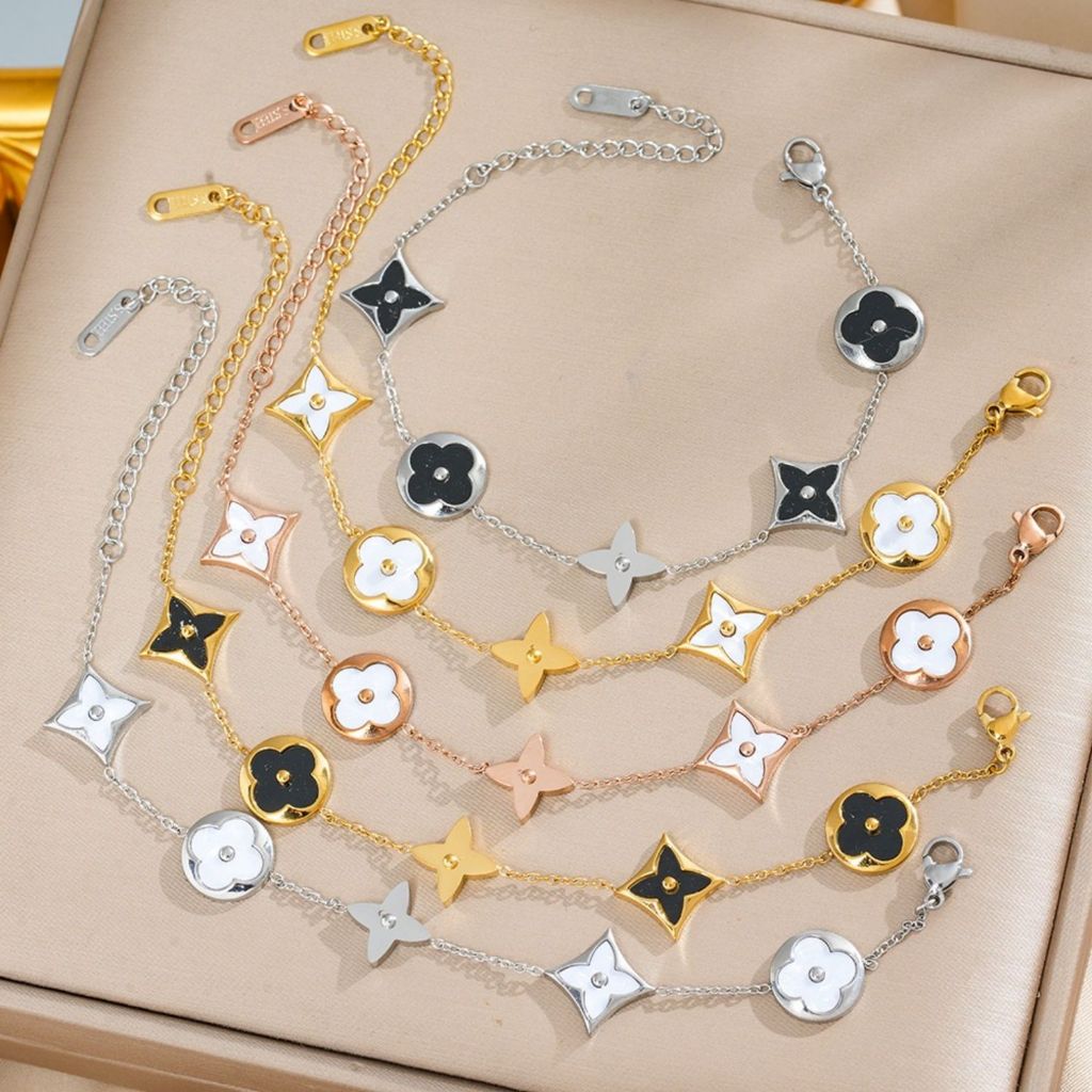 Pulseira de aço titânio 18k estilo coreano, nova, transfronteiriça, com quatro folhas, flor incrustada, concha 17+5cm