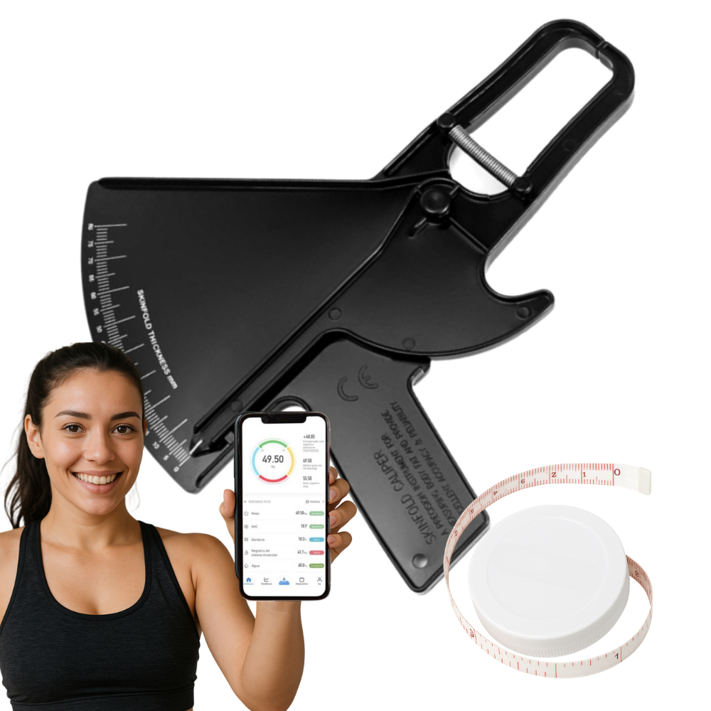 Adipômetro Plicômetro Medidor de Gordura Corporal para Avaliação Física + Trena Corporal e APP