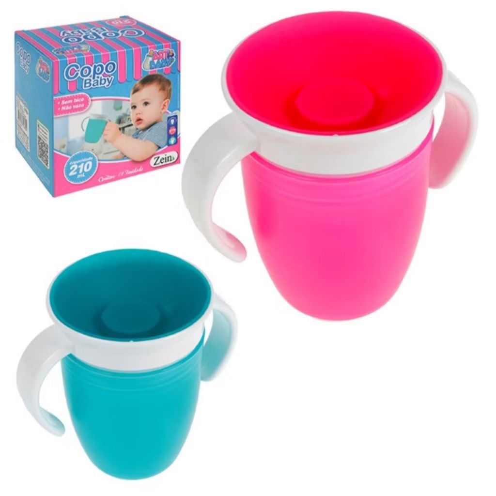 Copo Infantil Antivazamento Educativo Não Vaza Liquido Com Alça Sem Bico Azul e Rosa em Oferta na Shopee