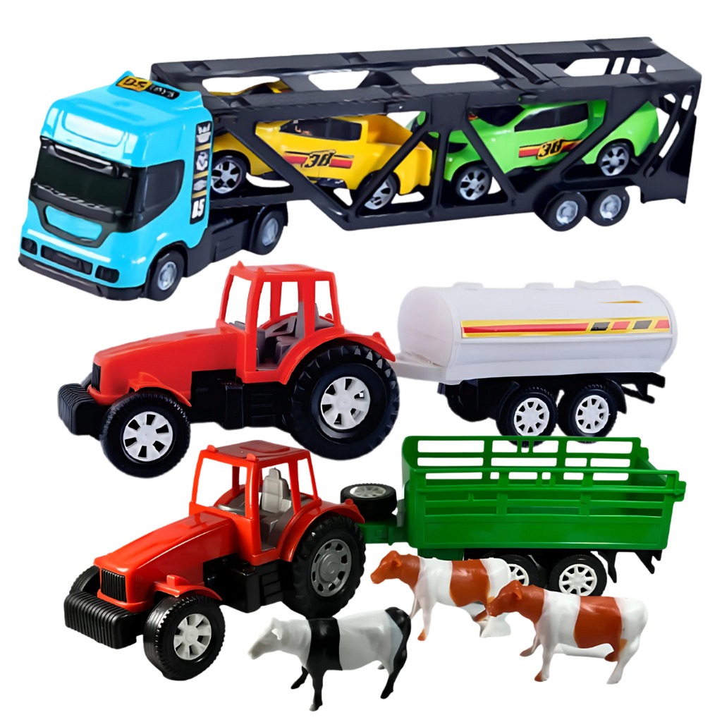 Kit Brinquedo Menino Caminhão Cegonha Trator 3 Bois Trator Tanque Carrinho Brinquedo de Menino Trator Infantil Carrinho