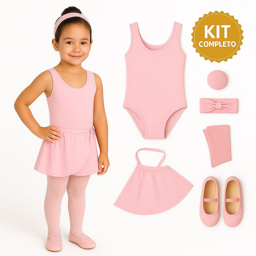 KIT PREMIUM Ballet Infantil 6 Itens Collant Regata + Saia Transpassada e Sapatilha Bailarina ROSA KIT PREMIUM Ballet Infantil 6 Itens Collant Regata + Saia Transpassada e Sapatilha Bailarina ROSA