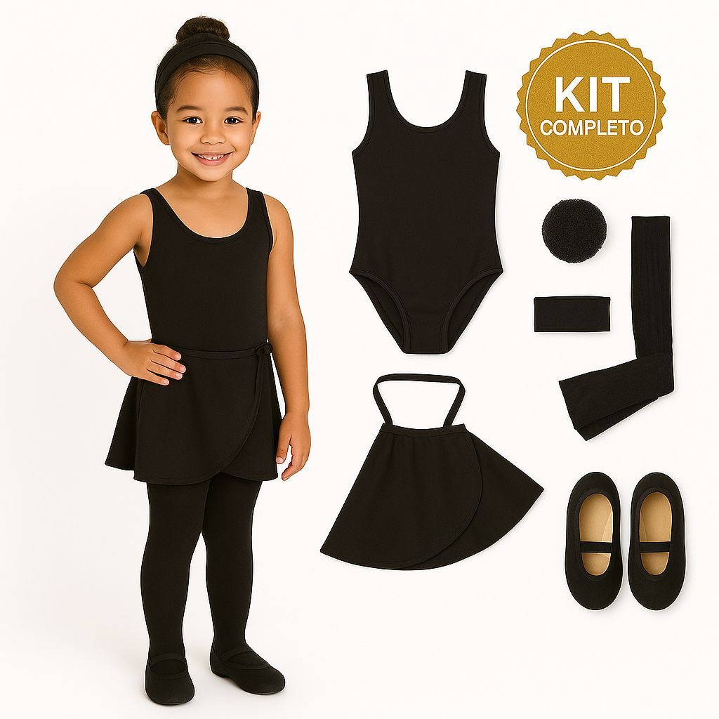 Kit Ballet Infantil PREMIUM 6 Itens Collant Regata + Saia Transpassada e Sapatilha Bailarina Preto
