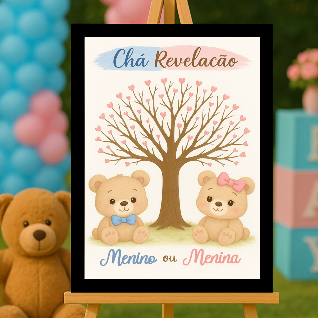 Quadro Decorativo Placa Chá Revelação Árvore Digitais Recepção de Assinaturas Personalizado Nome