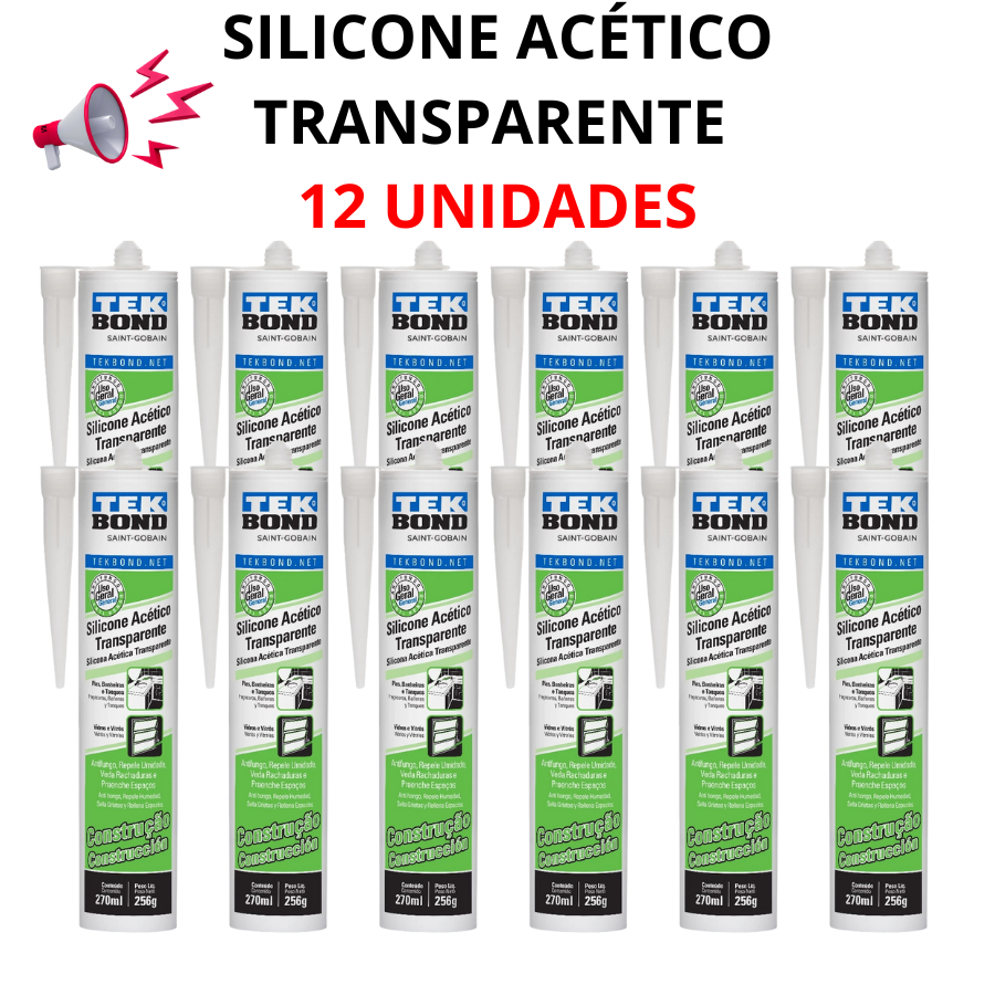 Kit com 12 unidades de Silicone Acético Transparente Incolor Tek Bond Construção 256g