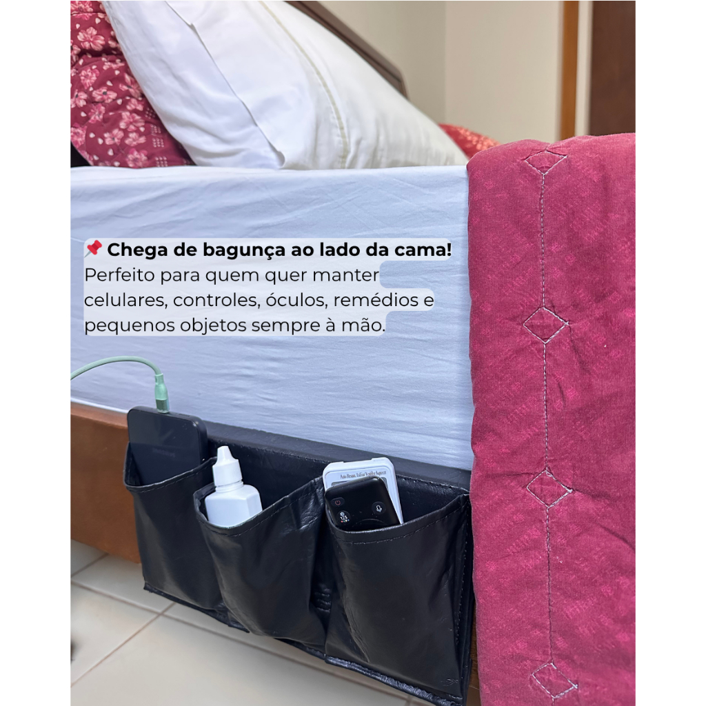 Organizador de Cama 3 Bolsos Courino Para Celular Controle Óculos Remédio em Oferta na Shopee