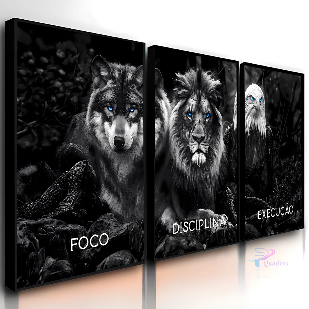 Quadros Decorativos 3 Peças Animais Floresta Dark Foco Execução Leão Águia Lobo Casa Sala Quarto Decoração Hall