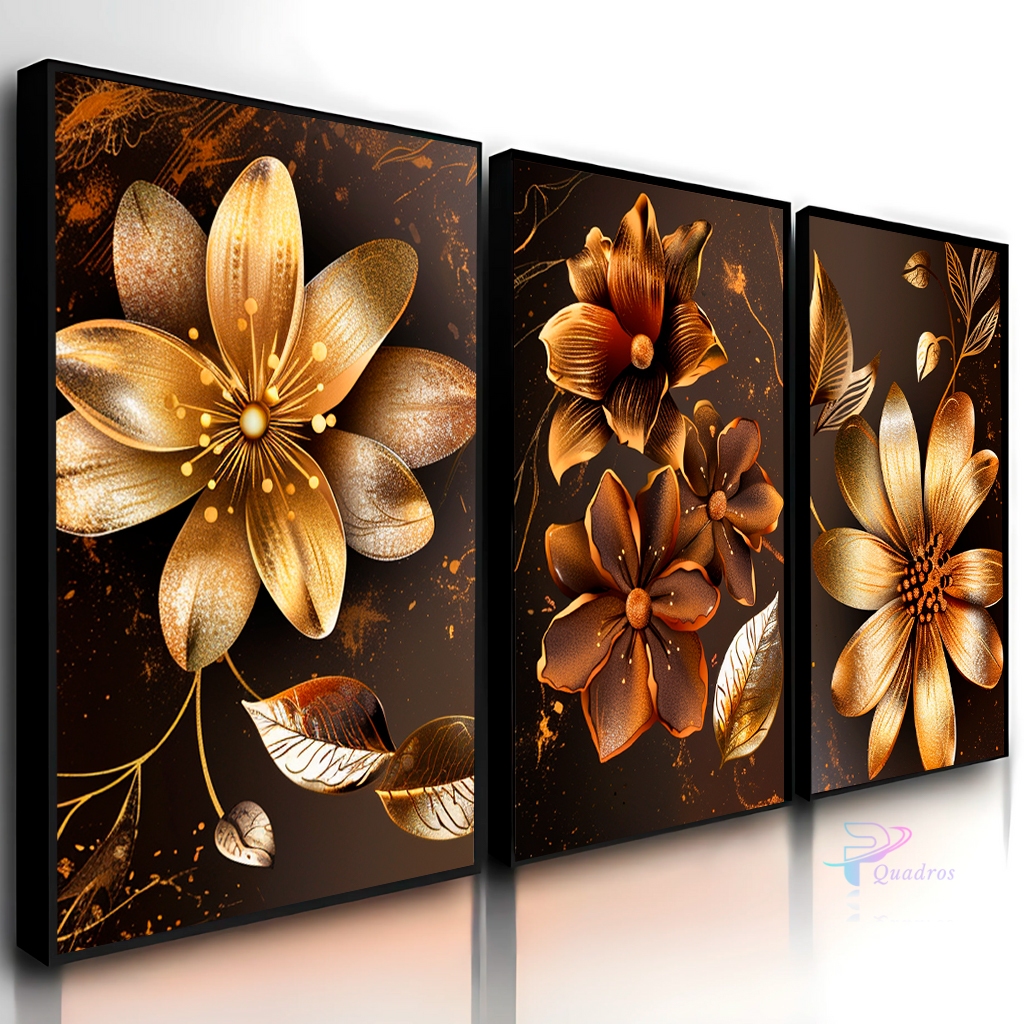 Quadros Decorativos 3 Peças Flor Flores Marrom Cobre Mármore Casa Sala Quarto Decoração Hall