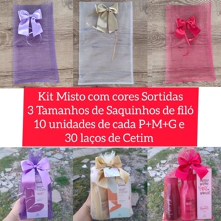 Kit Misto 3 tamanhos de Embalagens de Saquinhos de Filó e Laços de Cetim Cores Sortidas em Oferta na Shopee