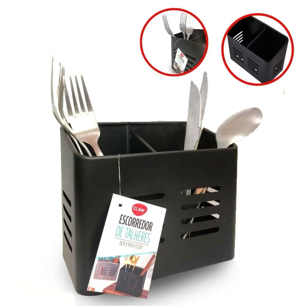 Porta Talheres Escorredor Duo Em Ferro Preto Multiuso 16x9x13cm Clink-6115 em Oferta na Shopee