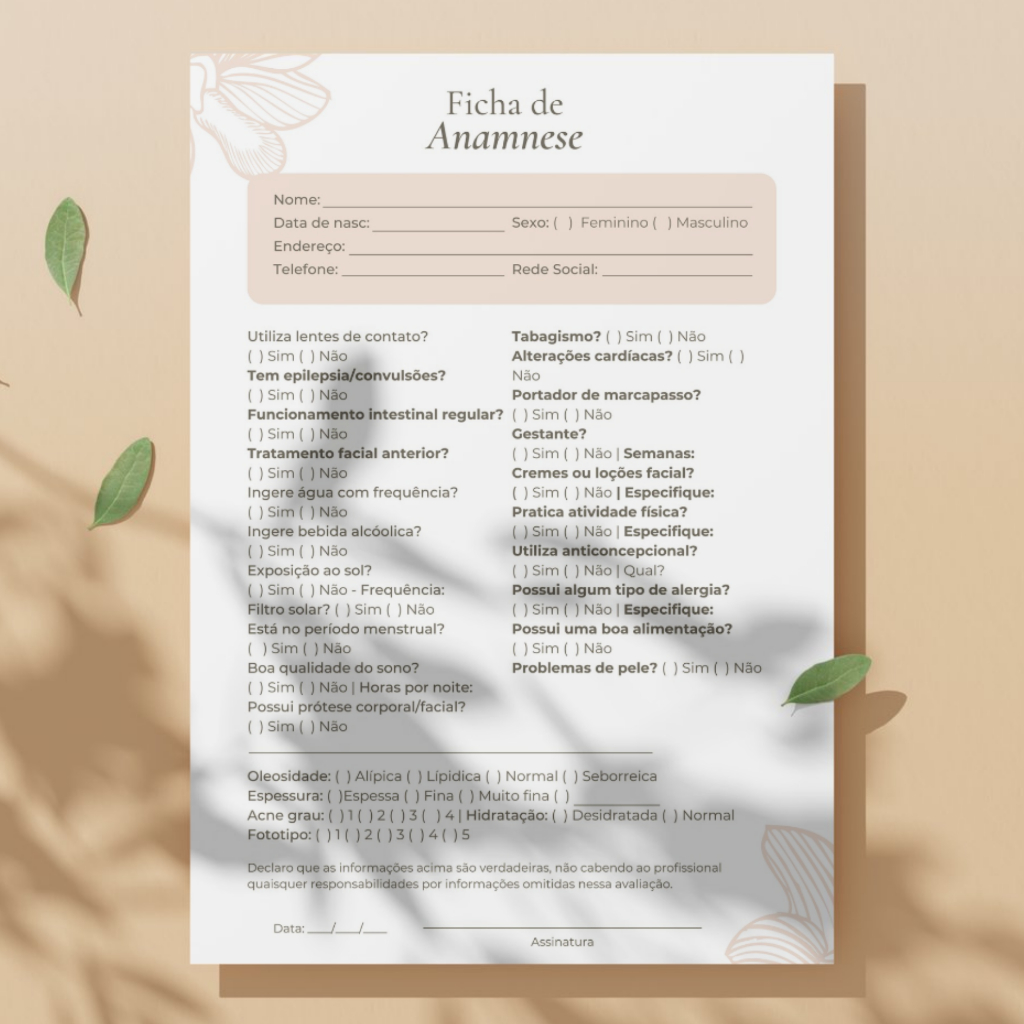 Ficha de anamnese para pele minimalista  A4 ou A5 - Ficha dermatológica anamnese