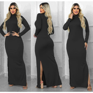 Vestido Longo com Fenda Lateral Manga Longa Gola Alta em Malha Canelada em Oferta na Shopee