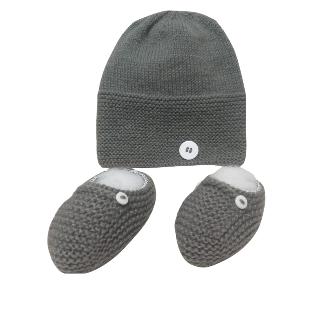 Touca Sapatinho Cinza Escuro Tricô Bebê Kit Recém Nascido - 3 Meses