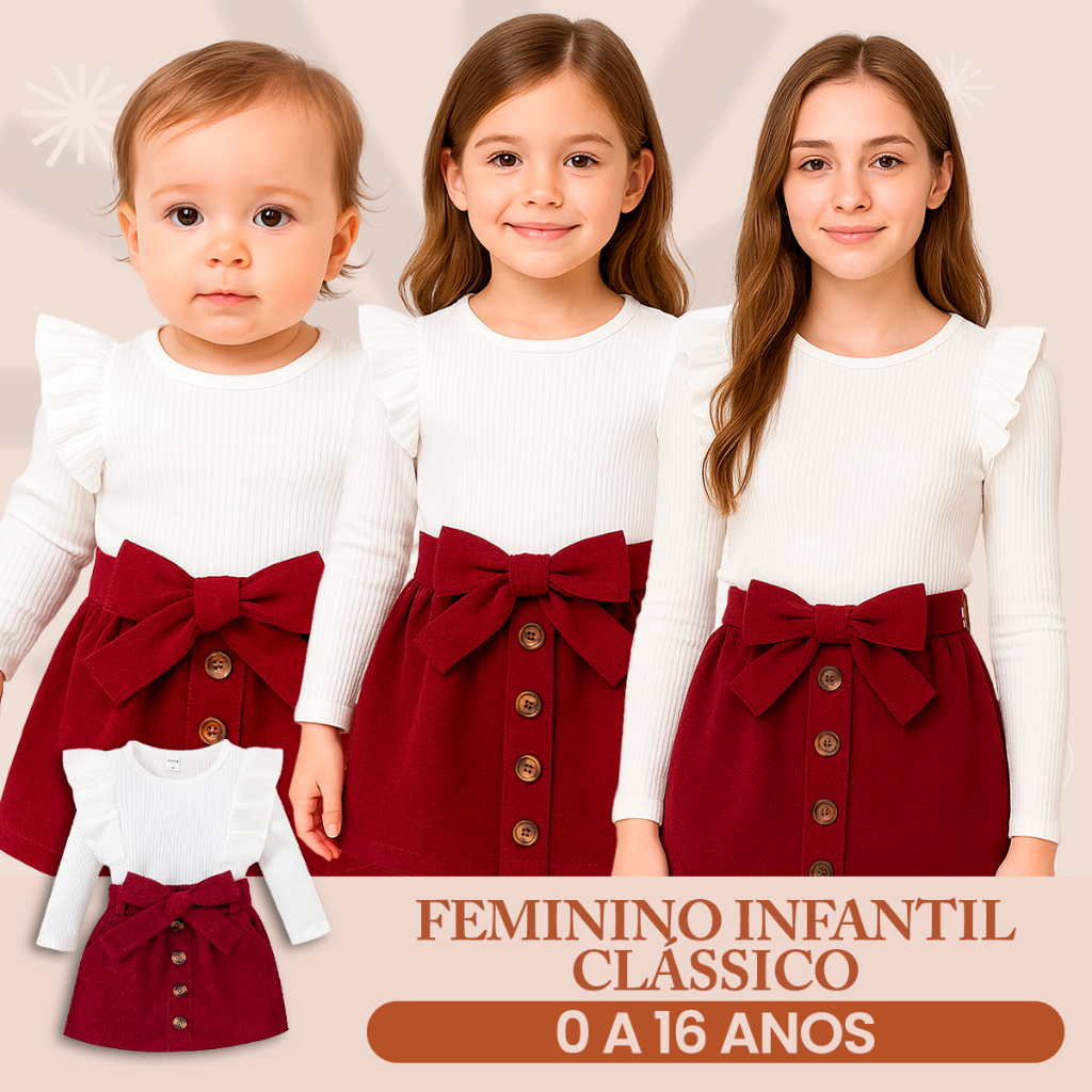 6 meses a 16 anos Conjunto Feminino Infantil Clássico Branco Saia Vinho para Bebê e Juvenil Estiloso