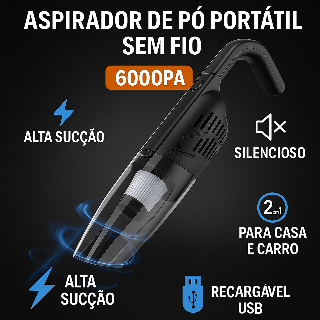 Aspirador Portátil Sem Fio Potente Otimizado Bivolt Turbina Remove Sujeira Difícil Carro Sofá USB