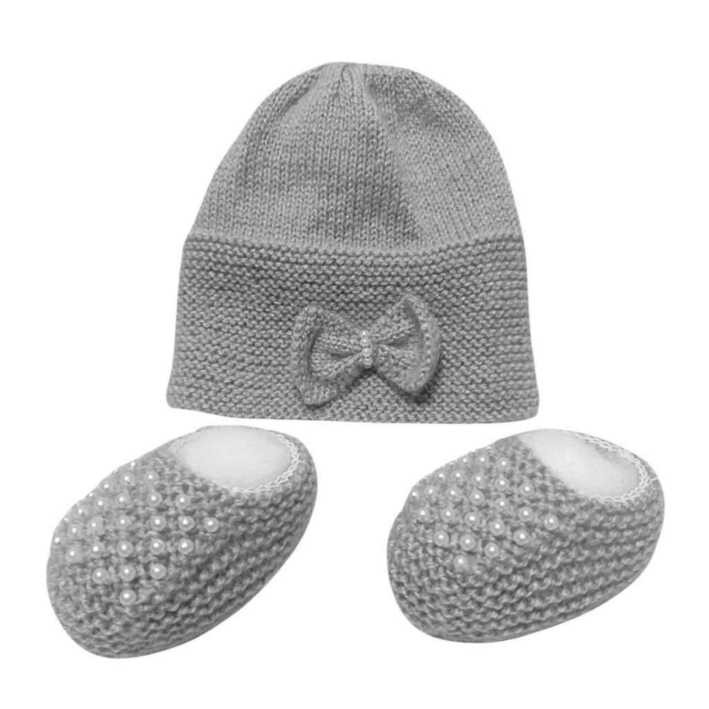 Touca Sapatinho Cinza Claro Tricô Bebê Menina Kit Recém Nascido - 3 Meses