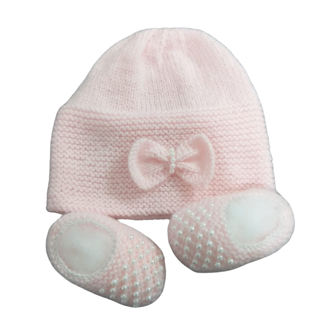 Touca Sapatinho Rosa Claro Tricô Bebê Menina Kit Recém Nascido - 3 Meses